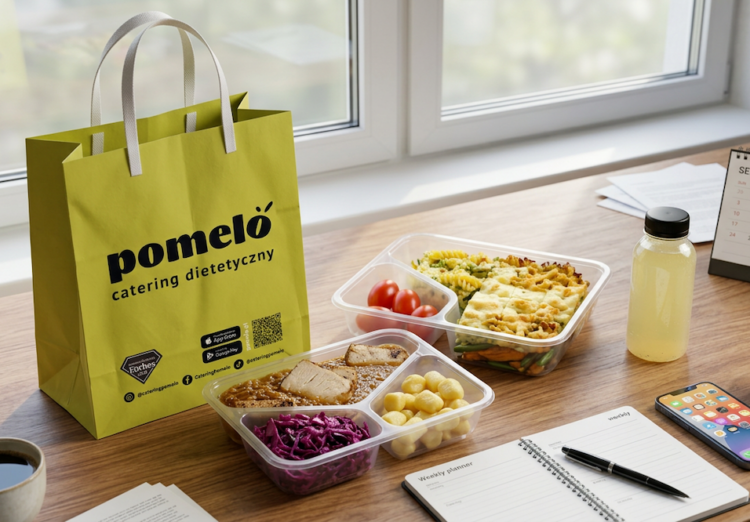 Lime green Pomeló catering bag on a desk beside three clear meal-prep containers with vegetables and pasta, and a bottle of juice by a calendar and phone.
