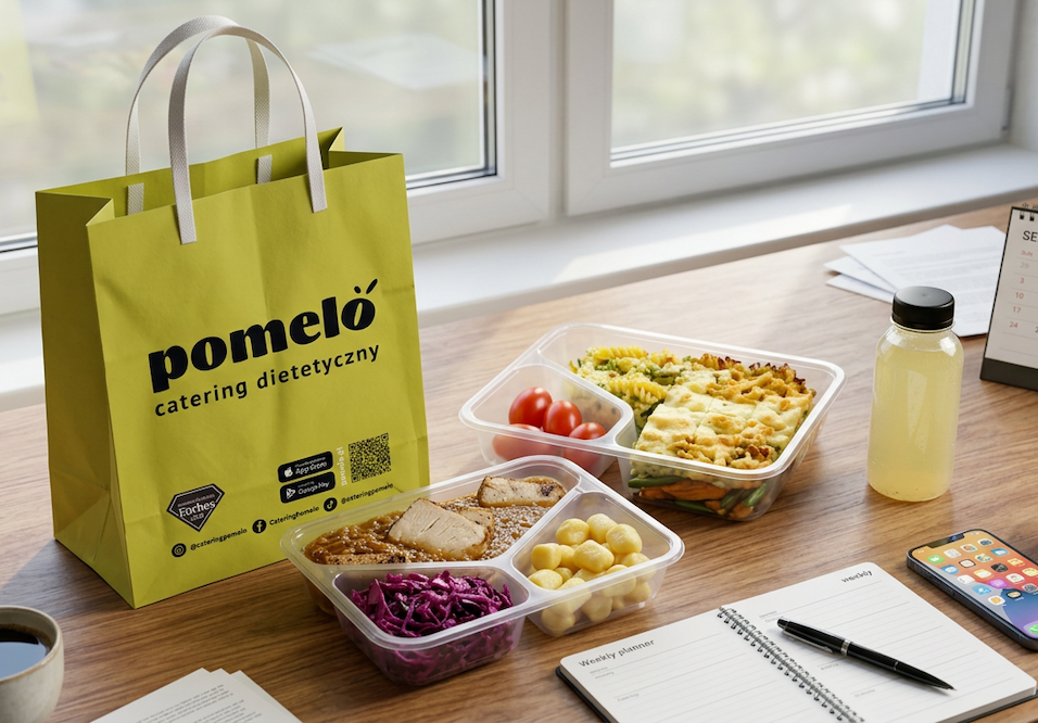 Lime green Pomeló catering bag on a desk beside three clear meal-prep containers with vegetables and pasta, and a bottle of juice by a calendar and phone.