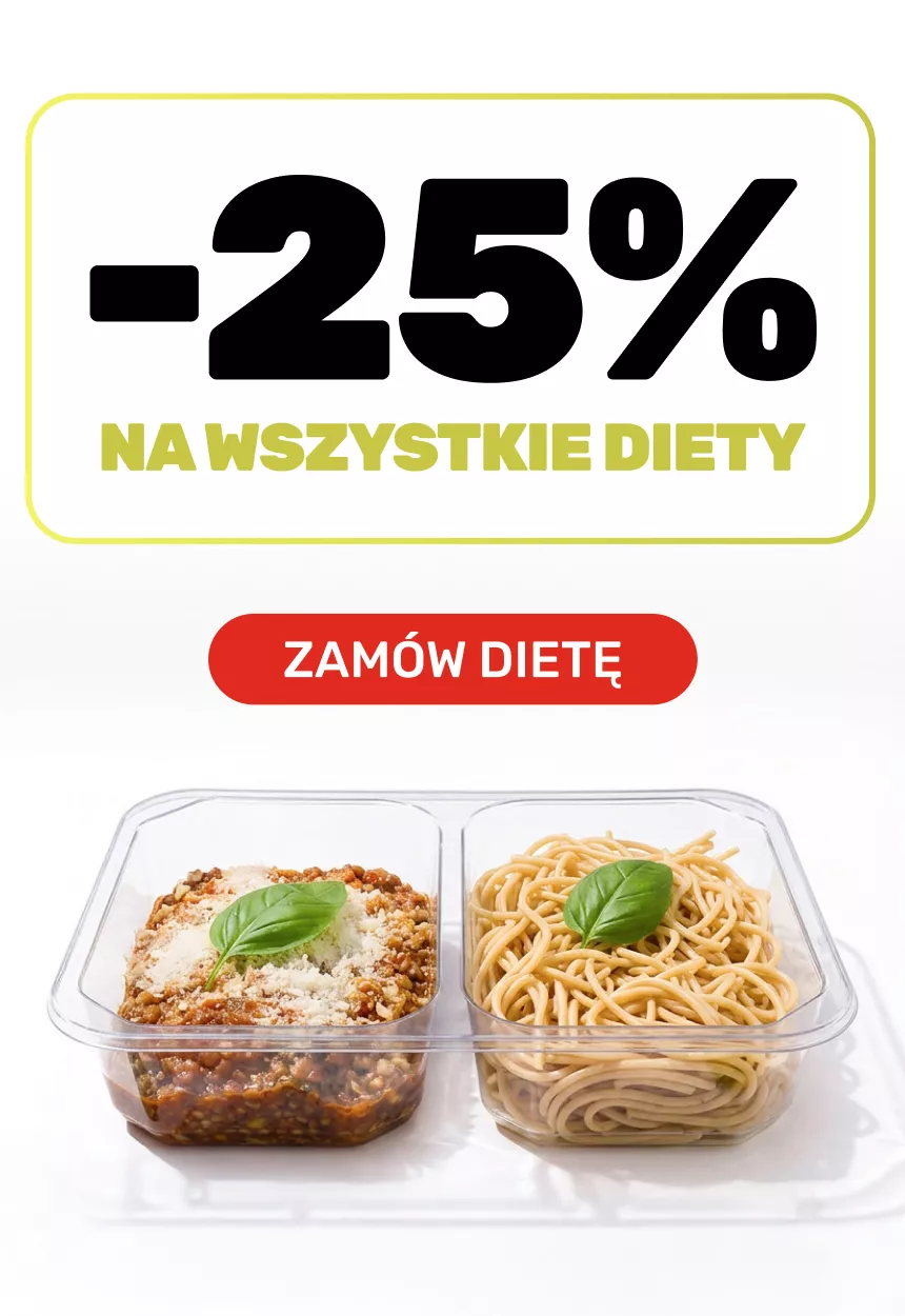 Promo banner offering -25% on all diets; red 'ZAMÓW DIETĘ' button; two meal containers with pasta and sauce, garnished with basil.