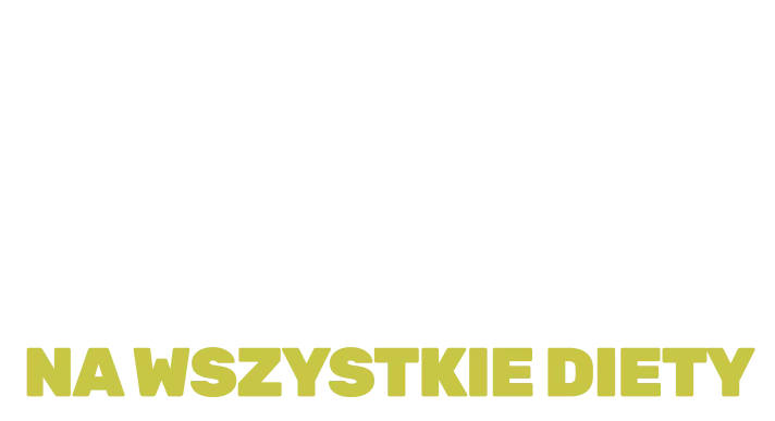 Logo on a black background featuring oversized white blocky typography above a gold caption line in Polish.