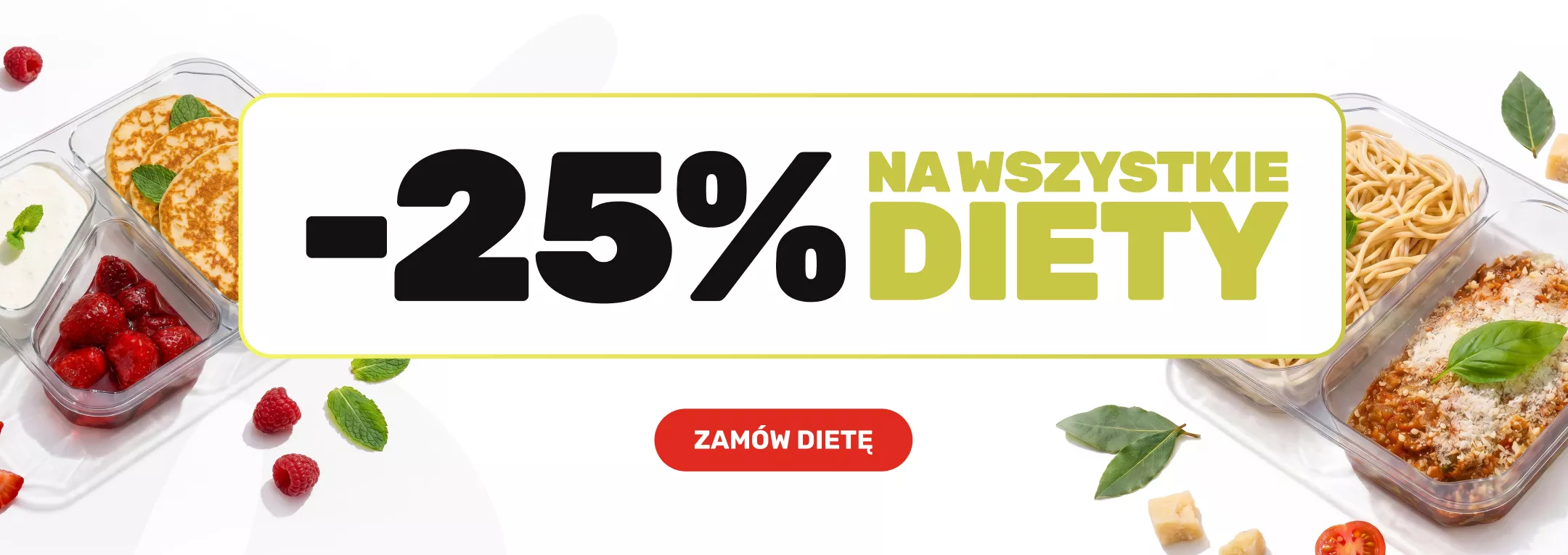 Promotional banner: -23% na wszystkie diety with a red 'ZAMÓW DIETĘ' button and meal trays around.