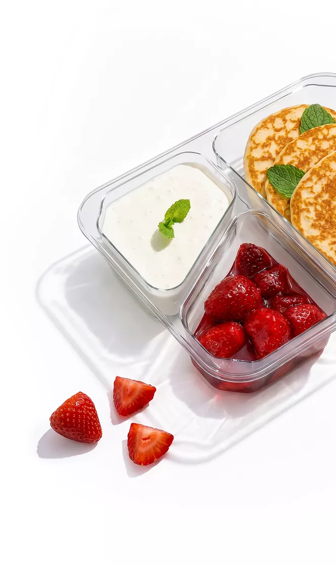 Tray of breakfast snacks: fresh strawberries, yogurt dip with mint, and mini pancakes on a glass container plate.