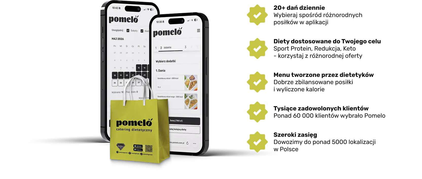 Two stacked iPhones showing the Pomelo diet catering app UI with a bright yellow Pomelo bag in front.