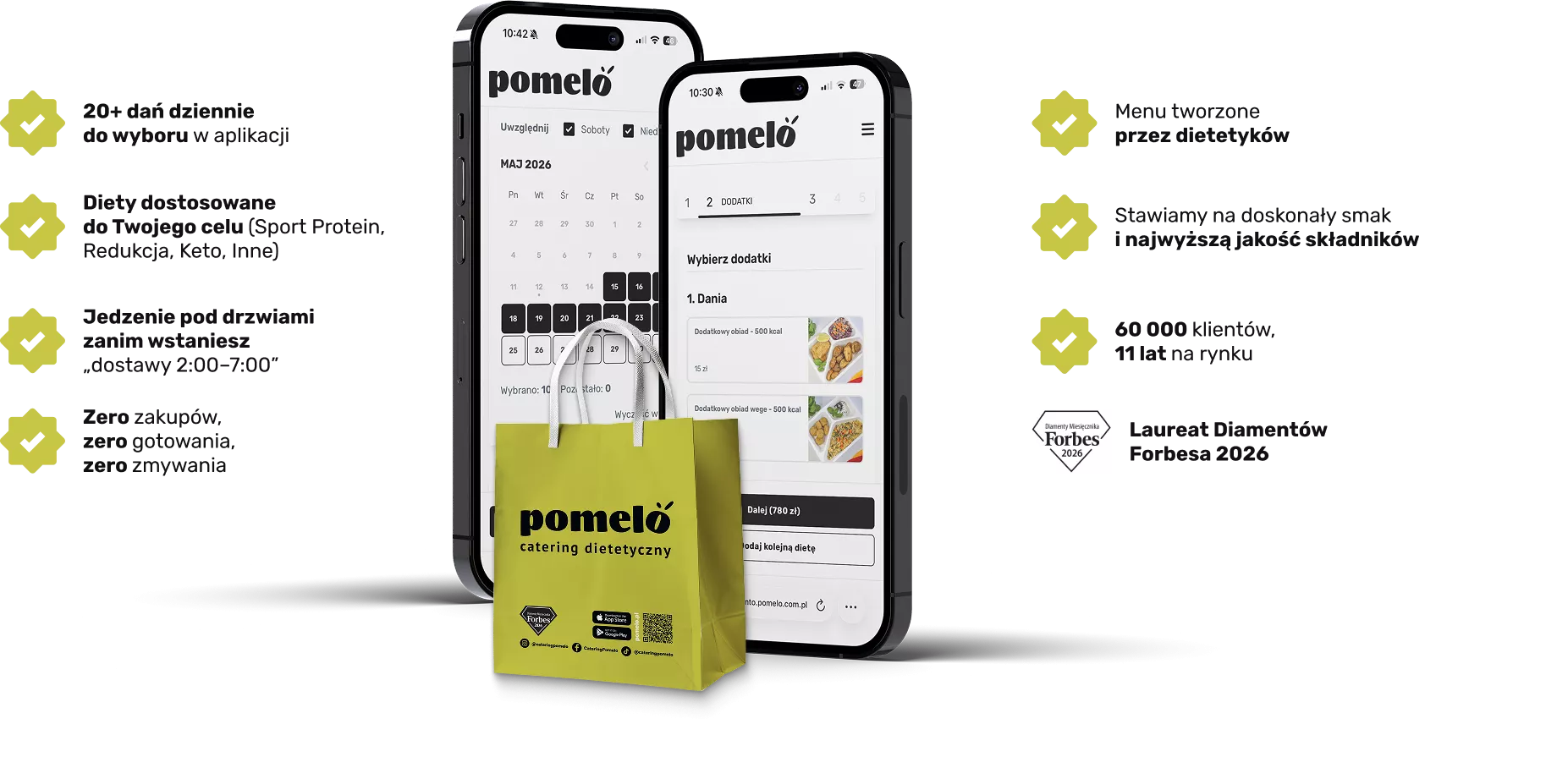 Two iPhone-like screens show the Pomelo diet app UI, with a yellow Pomelo catering bag in front and a Forbes 2026 badge on the side.