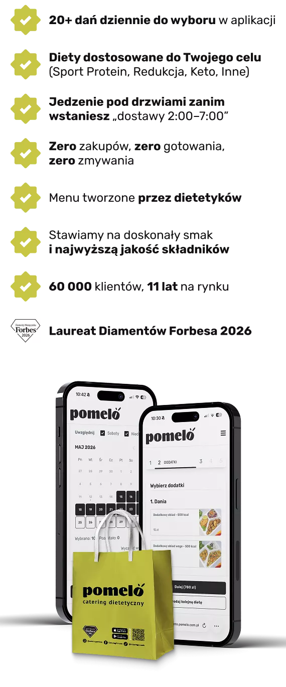 List of achievements with gold award badges and blurred text entries, plus a Forbes 2026 badge, and a promotional image of the Pomeló app with a yellow tote bag.