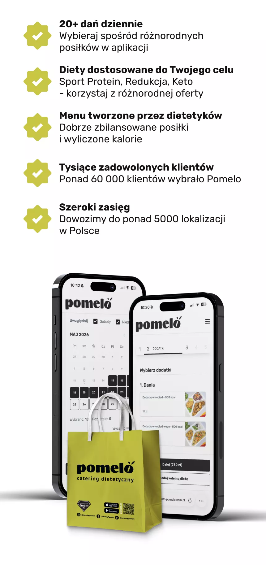 Infographic showcasing Pomeló catering app features: meals, custom diets, balanced menus; two phones display the app.