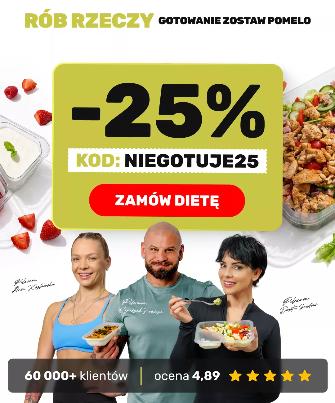 Promo poster for diet meals: -25% with code NEGOTUJE25, red 'ZAMÓW DIETĘ' button, with three people holding meals and rating info at bottom.