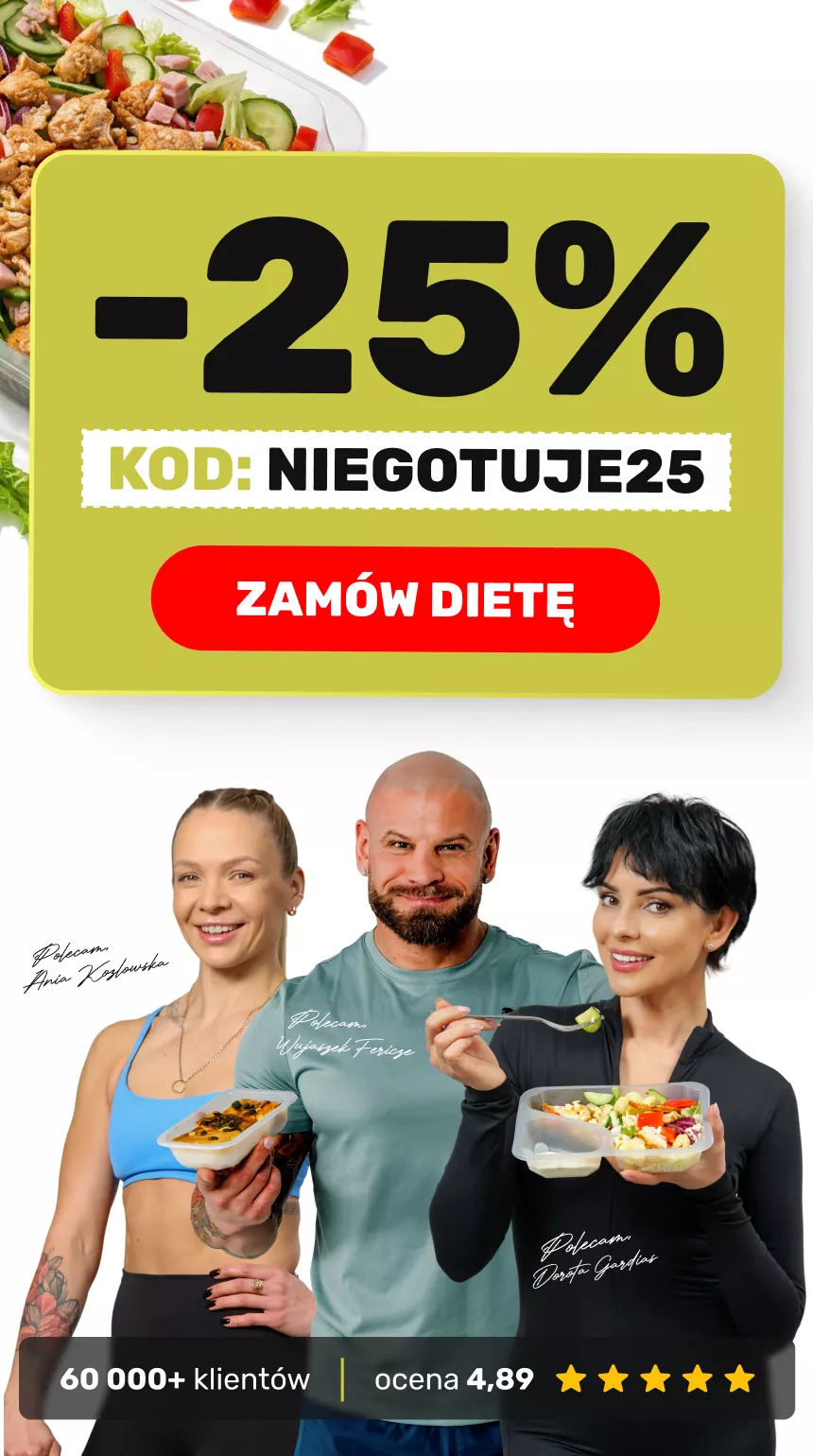 Promo banner: 25% off with code NIEGOTUJE25 and red 'ZAMÓW DIETĘ' button; three people with meal boxes below.