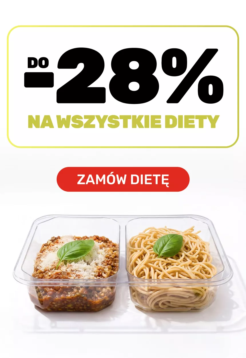 Promo banner: -28% na wszystkie diety; czerwony przycisk ZAMÓW DIETĘ; dwie przeźroczyste puszki z makaronem i sosem, bazylia na wierzchu