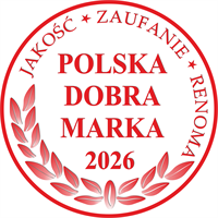 medal-pdm-sm | Catering dietetyczny | Dieta pudełkowa | Pomelo Red circular badge reading'POLSKA DOBRA MARKA 2026' with laurel wreaths, and around-edge slogan 'JAKOŚĆ • ZAUFANIE • RENOWANA' indicating a Polish quality award.