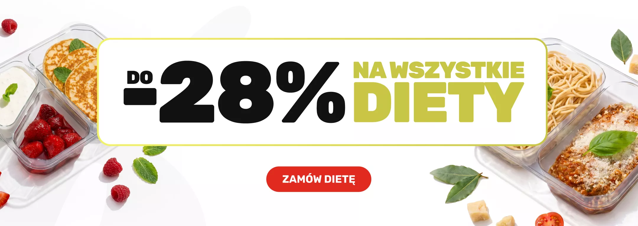 Promo banner offering up to 28% off all diet plans with a red 'ZAMÓW DIETĘ' button.