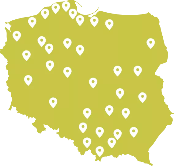 Map of Poland with multiple location pins marking points across the country