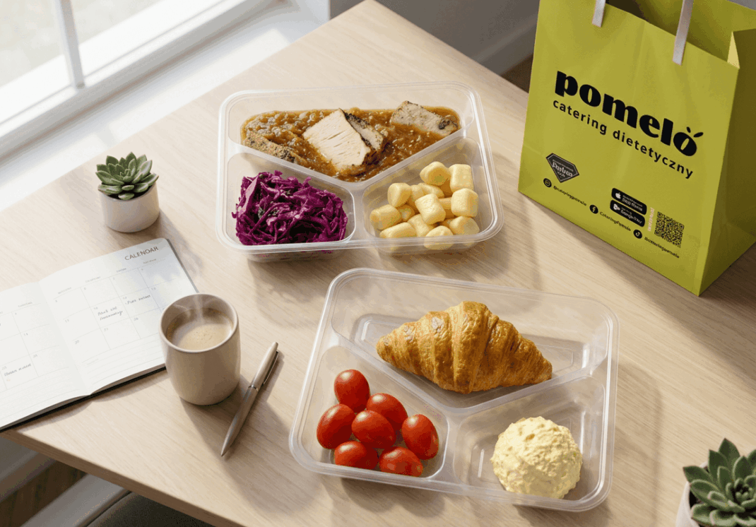 Two clear lunch containers show a balanced meal: chicken in sauce with cabbage, gnocchi, and yellow vegetables on a desk beside a Pomelo catering bag.