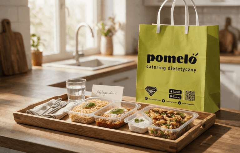 Green Pomelo catering bag sits on a wooden tray beside clear meal containers and a glass of water in a bright kitchen, ready for pickup or delivery.