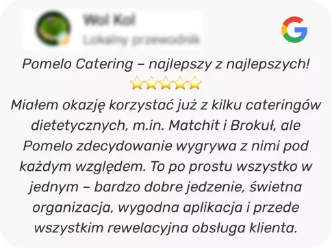 Testimonial card: 'Pomelo Catering – najlepszy z najlepszych!' with 5-star rating; Polish review praising great food, organization, app, and customer service.