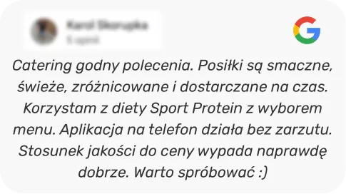 Google review praising catering: 'Catering godny polecenia... Warto spróbować :)' by Karol, Google logo shown.