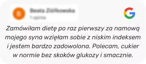 Polska recenzja na karcie Google: zadowolona z diety, niskie indeksy glukozy i stabilny cukier, poleca.