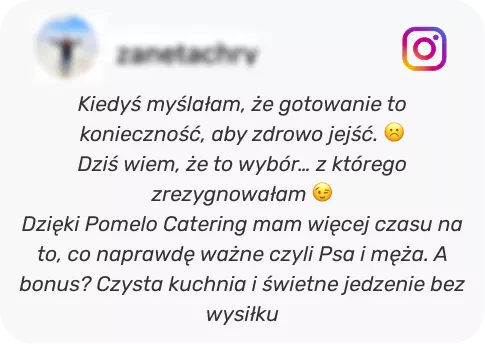 Polish testimonial about Pomelo Catering: 'more time for what matters—dog and husband'; clean kitchen and great food, Instagram logo visible fall corner.