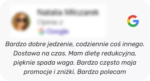 Polish customer testimonial praising diverse daily meals, on-time delivery, and weight loss, with blurred profile photo and Google logo.