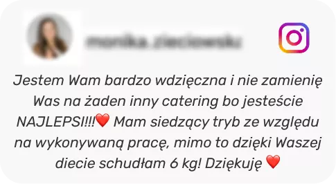 Testimonial on Instagram praising the catering service; grateful, mentions losing 6 kg despite a sedentary job.