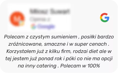 Polish testimonial praising catering: varied, tasty meals at good prices; user has been with this catering for over a year; Google logo on the right.