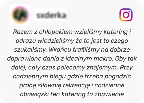 Instagram post card with a Polish caption about trying a catering service with a boyfriend; caption begins, 'Razem z chłopakiem wzięliśmy katering i od razu wiedzieliśmy że to jest to czego szukaliśmy.'