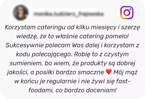 Polish Instagram testimonial praising catering: mentions high-quality meals, liking the service, and that the husband now eats regularly instead of fast food, with a heart emoji.