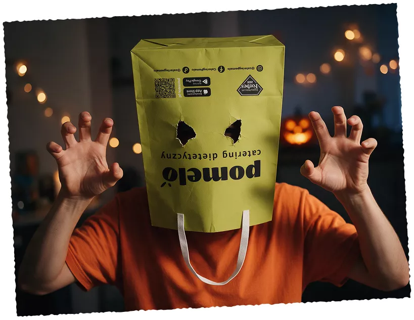 Osoba z torbą Pomelo na głowie przerobioną na halloweenową maskę