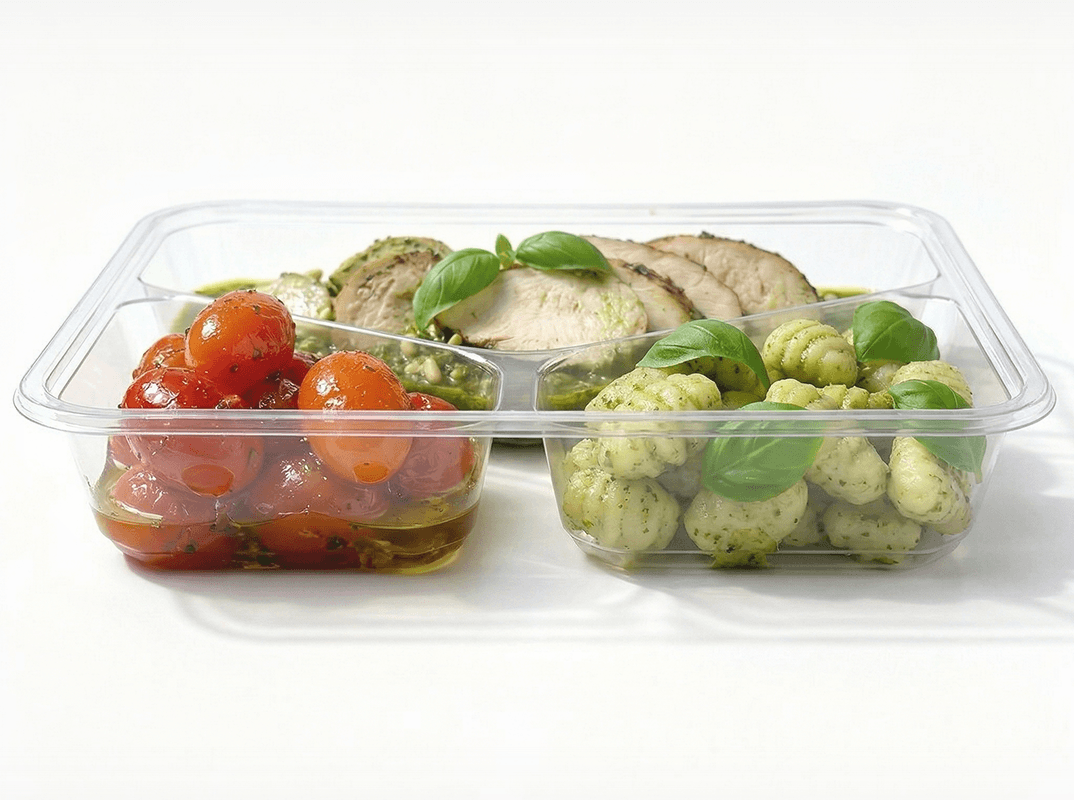 Two-compartment plastic container: left side has roasted cherry tomatoes in oil; right side has gnocchi with pesto and basil, with sliced chicken in the background.